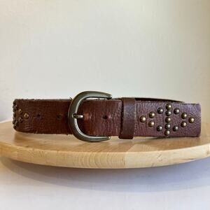 Tan Genuine Worn in Soft Leather Brass Studded Chunky Belt Size Medium Women's